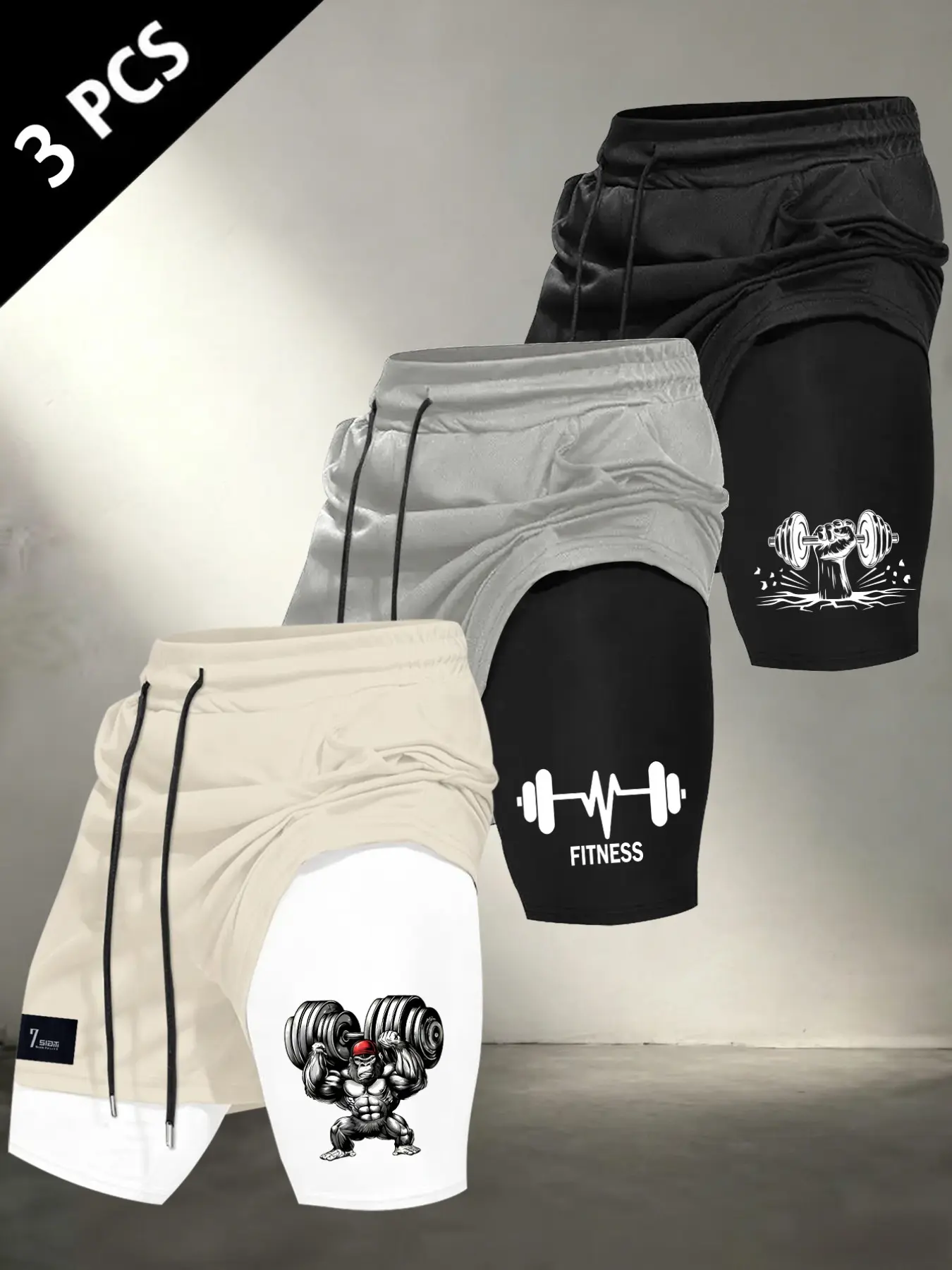 Men 2-in-1 Double Layer Athletic Shorts, Dual Layer Shorts, Drawstring Loose Fit Fitness Graphic Print Breathable Gym Workout Running Performance Casual Streetwear Training Shorts #GymShorts #FitnessPrint #2In1WorkoutShorts #MensTrainingBottoms