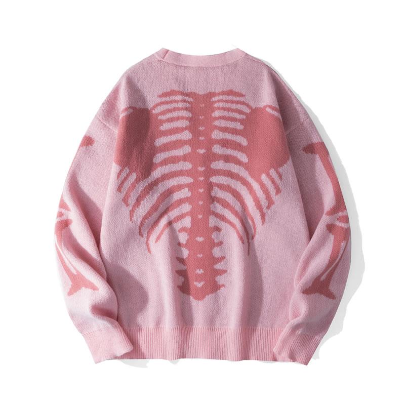 Men's Skeleton Print Button-Front Knitwear Top - Long Sleeve V-Neck, Loose Drop-Shoulder Regular Fit, Soft Menswear Pullover, Spooky Men's Cardigan, Multi-Size, Casual Halloween Fall Wear