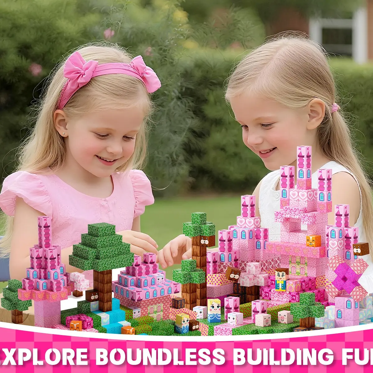 Dreamy Pink Princess Castle Magnetic Tile Set 100/150/200PCS, Creativity Boost Sensory Blocks, Montessori STEM Birthday Gift Idea for Girls 3-8
