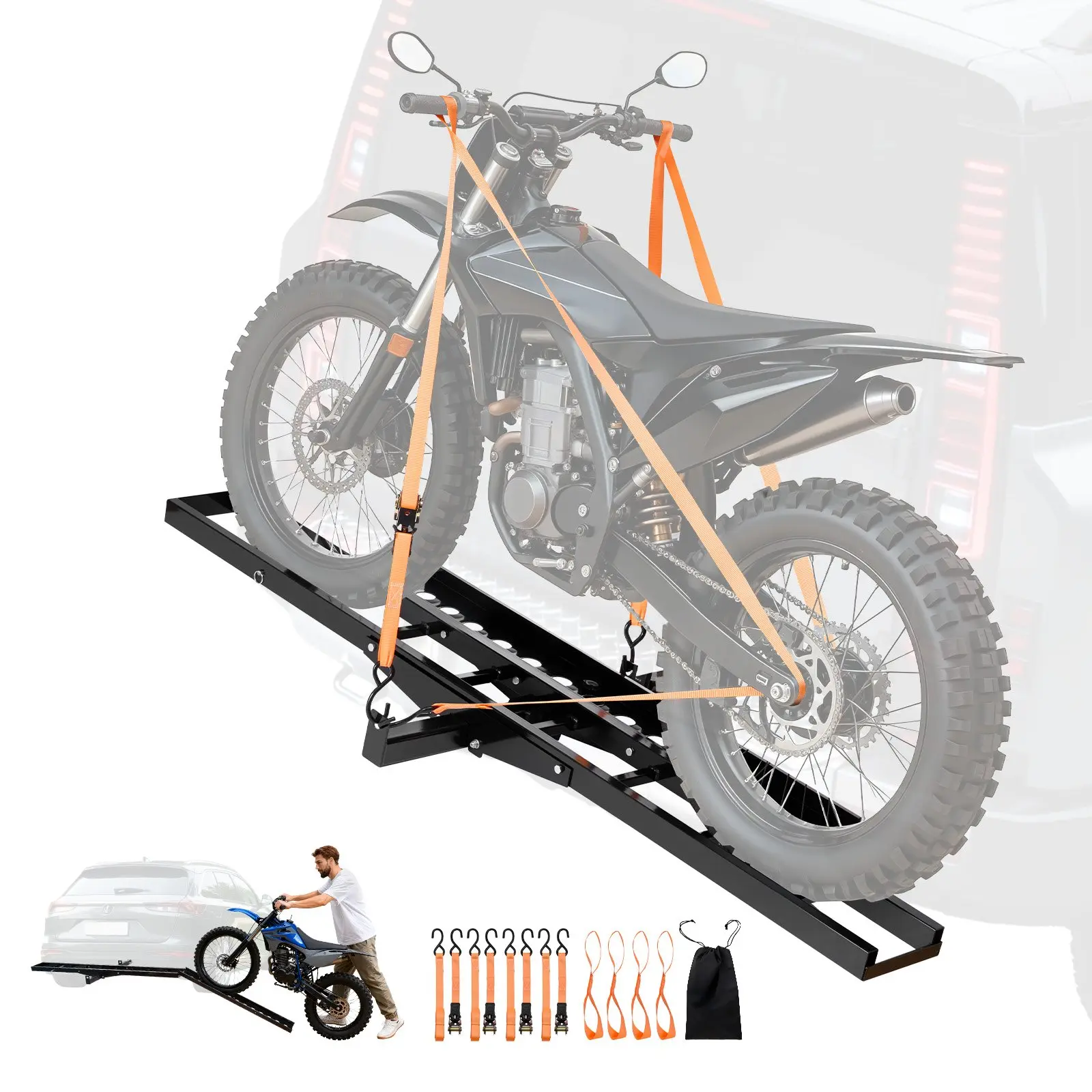 VEVOR Motorcycle Carrier, 500 lbs Capacity, Heavy Duty Steel Hitch Mount Rack with 47in Ramp, Ratchet Straps Stabilizer, Scooter Dirt Bike Trailer Hauler for Car Truck with 2-Inch Hitch Receiver