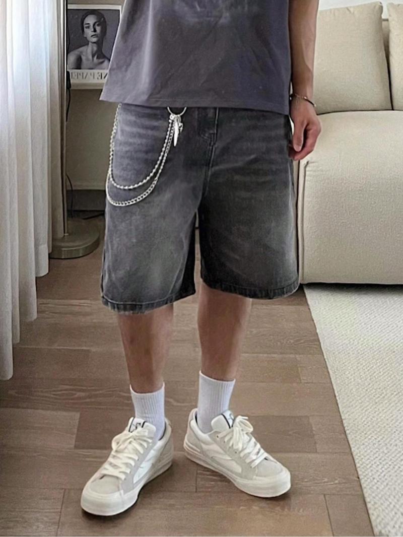 Men's Wide Leg Denim Shorts(Without Metal Chain), Denim Bermuda Shorts, Loose Street Fashion Casual Comfy Pocket Denim Shorts for Daily Wear, Woven Bottoms for All Seasons