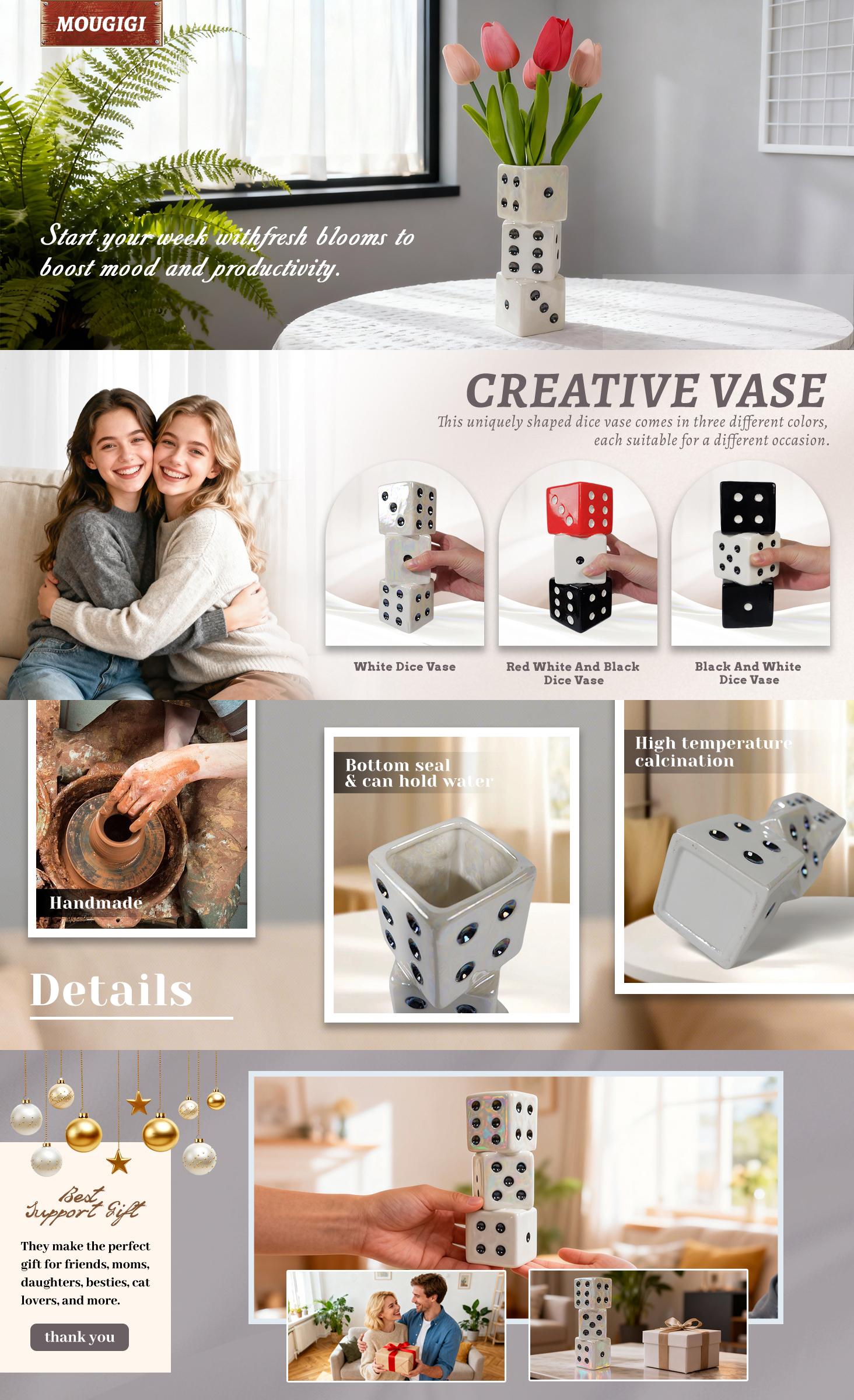 Ceramic Dice Vase - Unique Decor for Dried Flowers, Rose, Pampas Grass - Stunning Design for Any Modern Space for Inspiring Smiles