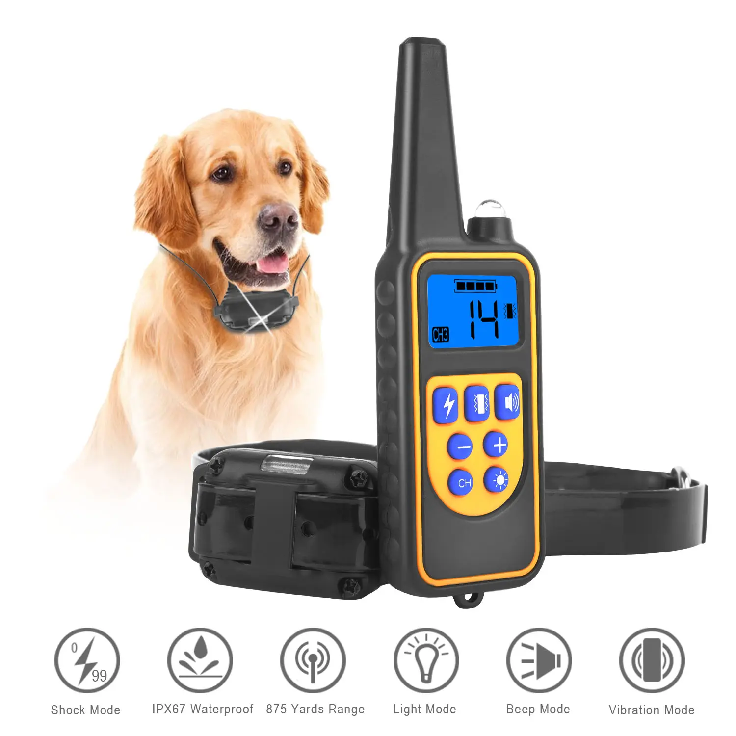1Pc Dog & Cat Training Collar with Remote - IP67 Waterproof, 300mAh Rechargeable, 875yd Range, 4 Adjustable Modes, LCD Display, Breathable, PetSafe, Whistle, Shock, Muzzle, Double-Sided, Point, Treat Bag with Waistband, Potty Aid, Sonic Emitter, Remote Co