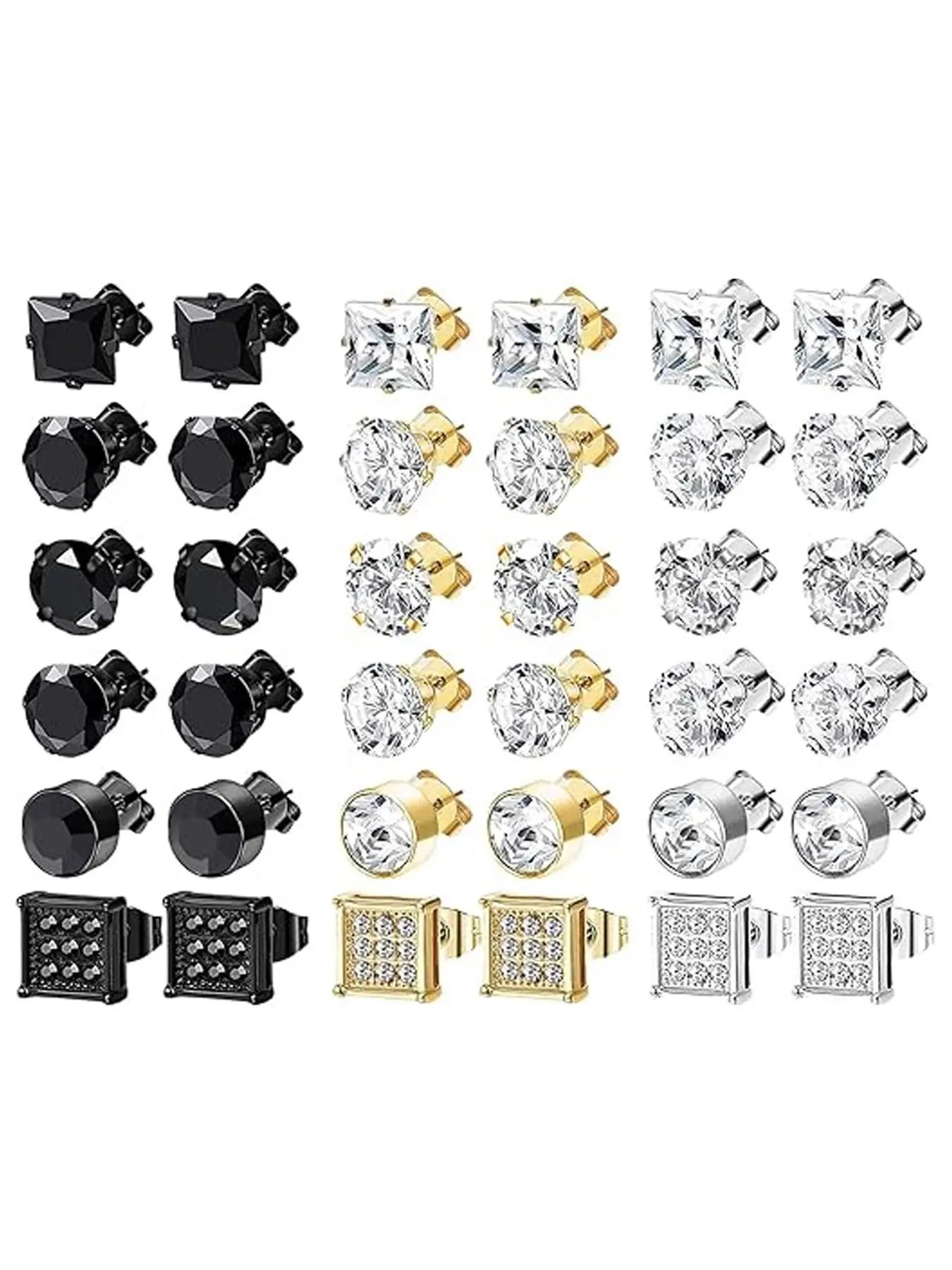 18 Pairs Stainless Steel Earrings, Low Allergy Cubic Zirconia Studs, Punk Style, Unisex, Cross Dangle, Pierced Ear Jewelry, Battery-Free, Hypoallergenic CZ Earrings, Earring Set, Sparkling Ear Jewelry