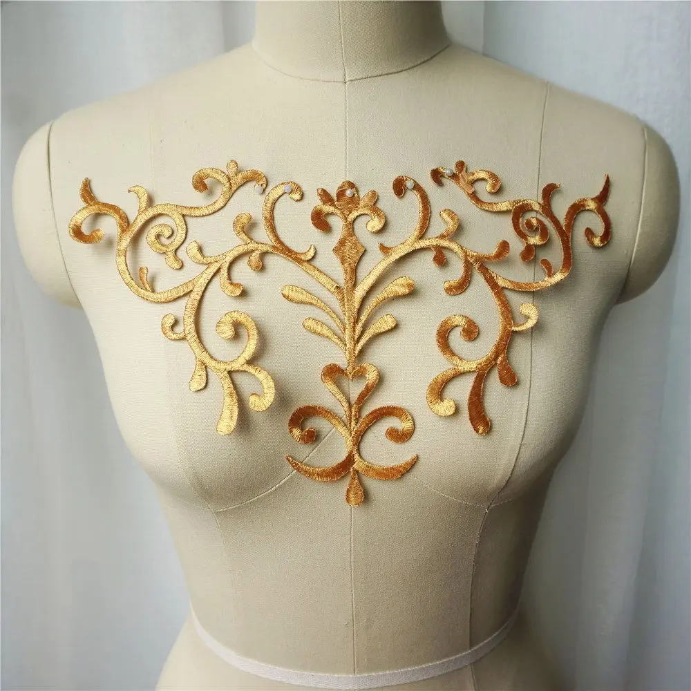 Gold Silver Baroque Appliques Embroidered Gown Fabric Collar Sew Iron On Patches For Wedding Decoration Dress DIY Crafts