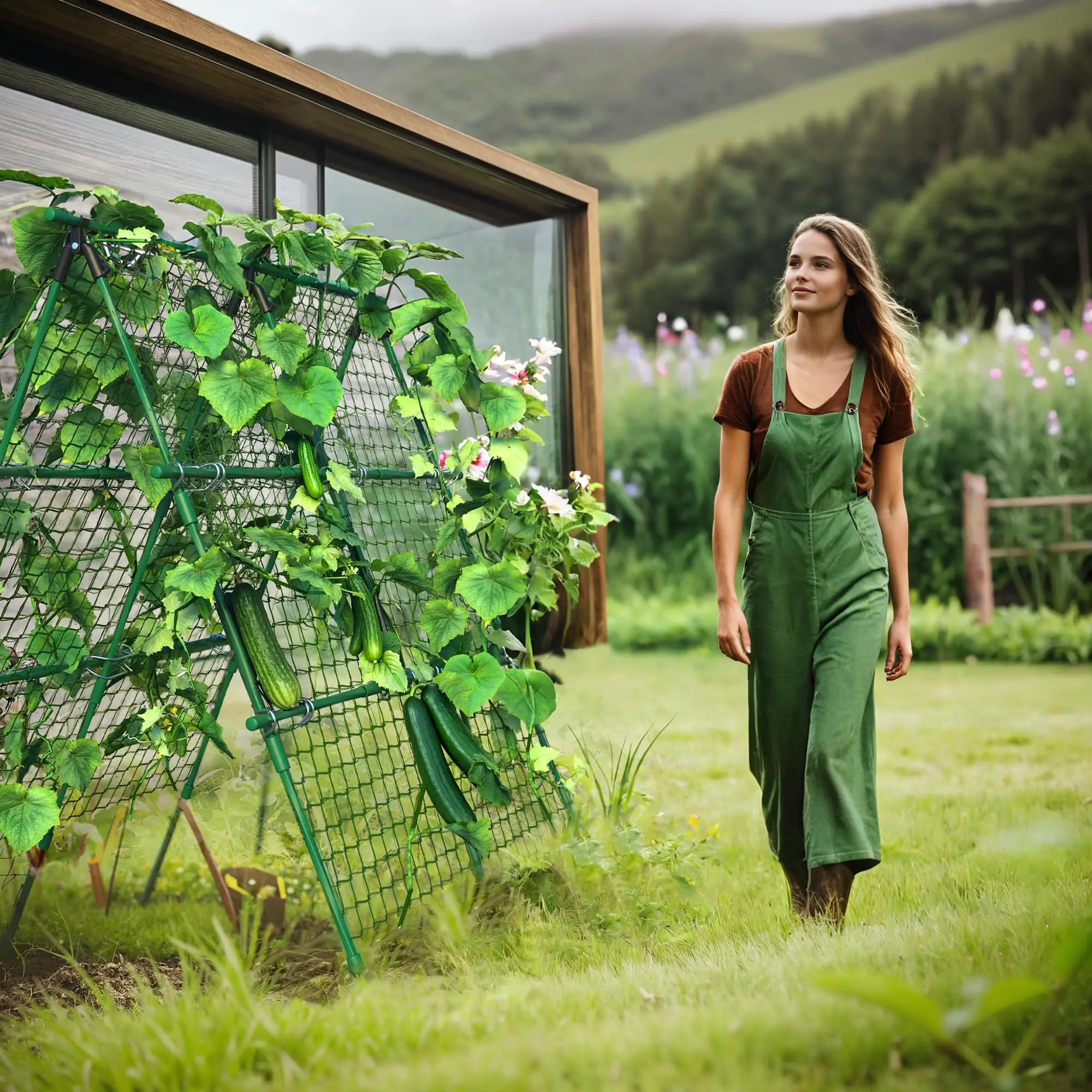 GARVEE Cucumber Trellis, 4 ft x 4 ft Metal A-Frame Garden Trellis Climbing Plant Outdoor Support Fruit Grape Vine Vegetable Tomato Pea Bean Cucumber Trellis Raised Bed, with Netting, Fits Raised Beds, Green