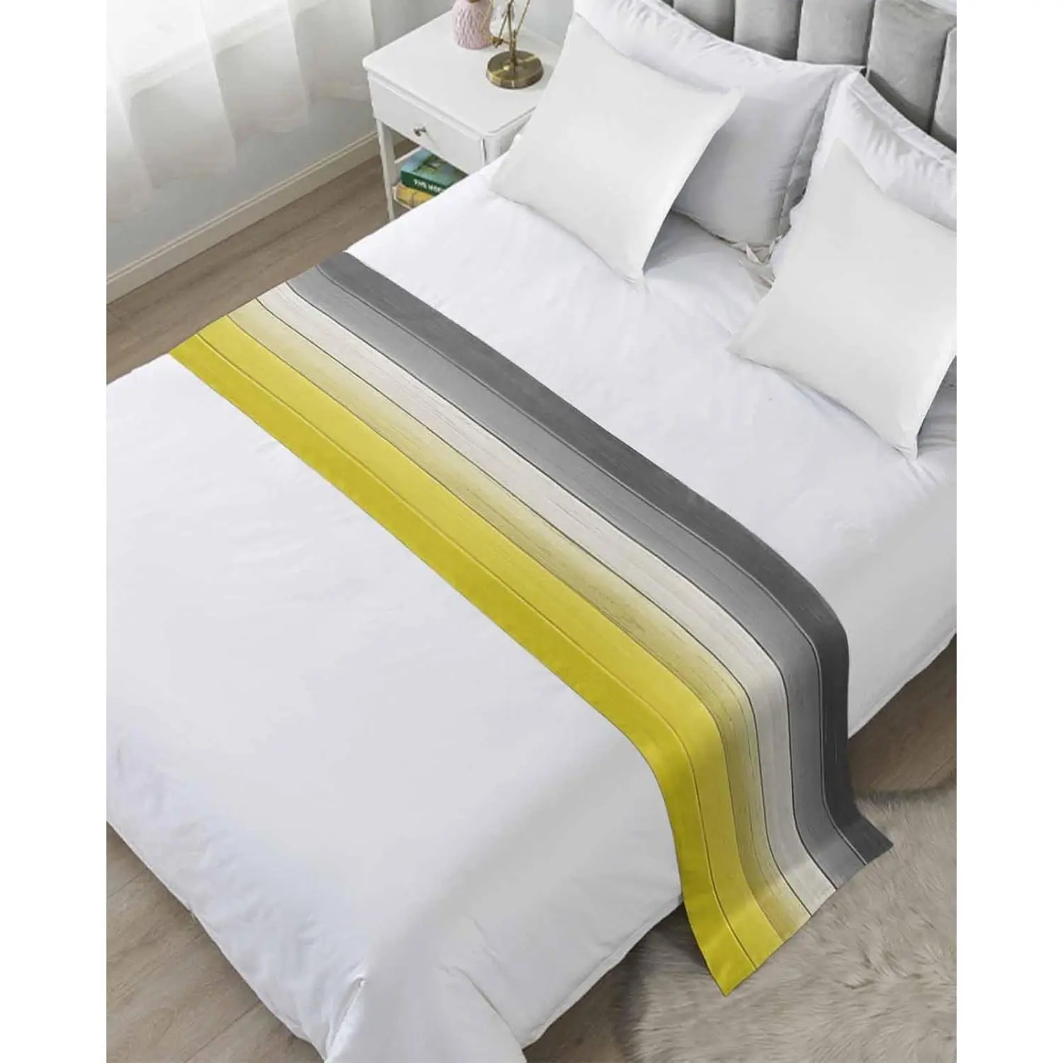 Yellow Grey Ombre Bed Runners for King Size Bed, Decorative Bed Throws for Foot of Bed, Farmhouse Aesthetics Gray Wooden Bed Runner Sofa Throw Bedding Scarf Protector Slipcover for Bedroom/Hotel