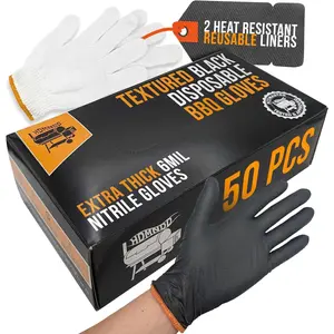 Black Disposable BBQ Grill Gloves Kit - 50 Heavy Duty Textured Grip and 2 Heat Resistant Reusable Liners Meat Pulling