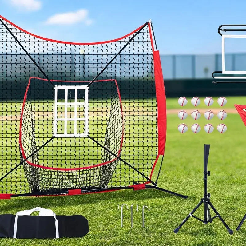 Portable Training Net for Baseball & Softball, Multi-Functional Backstop Equipment for Hitting, Batting, Catching and Pitching Practice, Complete Kit Includes Bow-Style Frame, Carry Bag, Strike Zone Target and Batting Tee