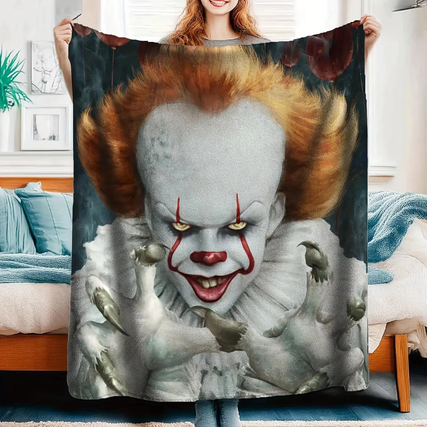 【Back To School】Pennywise It Horror Movie Throw Blanket, Scary Clown Red Balloon Full Print All Season Sofa Bed Cover, Spooky Halloween Fan Lightweight Foldable Travel Blanket, Horror Film Lover Novelty Holiday Gift