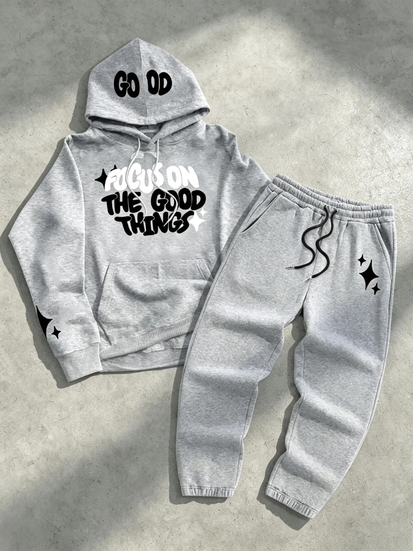 Men's Fashion Y2K Set Outfit, Letter Star Print Hoodie + Drawstring Fleece Sports Pants, Trendy Versatile, Casual Wear