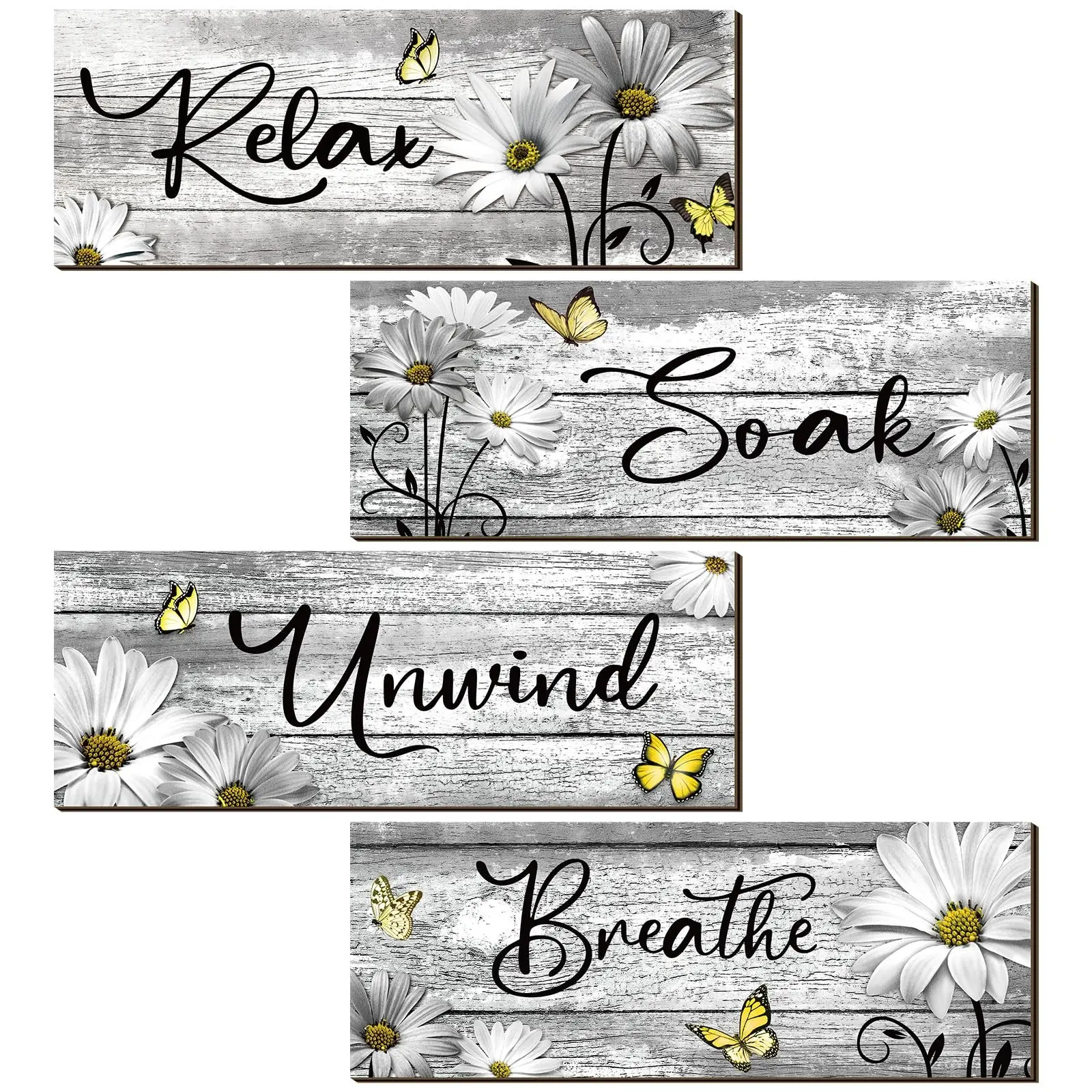 4 Pieces Relax Soak Unwind Breathe Wooden Bathroom Wall Sign Set, White Daisy Yellow Butterfly Distressed Grey Wood Wall Decor, Rustic Farmhouse Wooden Hanging Plaque for Spa Shower Restroom Wall Art