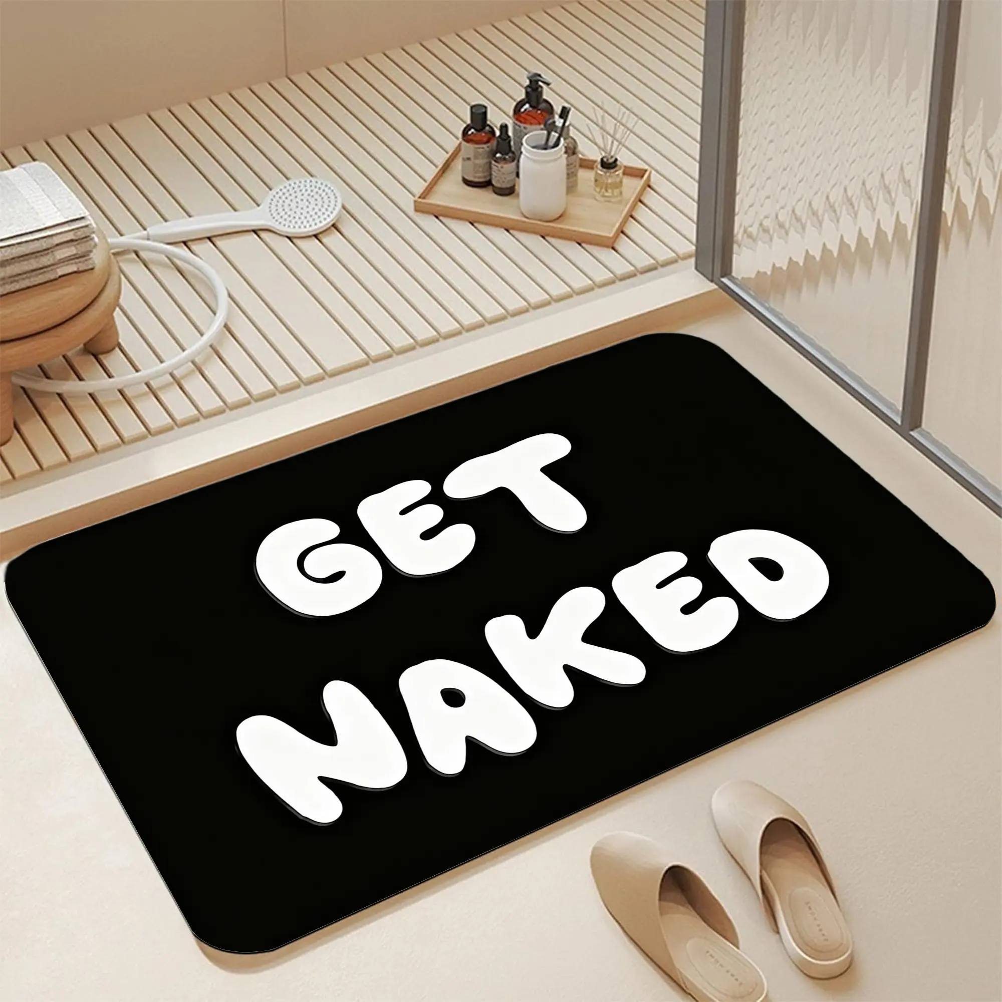 Funny "GET NAKED" Bold White Bubble Letter Slogan Black Background Print Diatomaceous Earth Bath Mat, 16*24 Inch |   Ultra Fast Water Absorbent Quick Dry Non Slip Anti Mildew Soft Diatomite Shower Floor Mat Easy Wipe Minimalist Humorous Aesthetic Bathroom