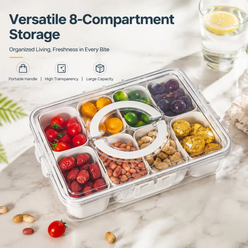 Versatile 8-Compartment Snack Storage Box, Clear Container, High Transparency & Large Capacity, Portable Handle for Fruits & Treats, Keeps Food Fresh and Organized for Parties, Picnics & Daily Use, Food Storage Containers
