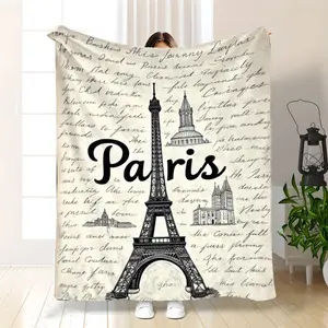 1Pc Paris Eiffel Tower Throw Blanket & Bedspread - Lightweight Flannel (280Gsm) Beige & Black Vintage - Soft All-Season Couch Bedspread Suitable For Bed, Couch, Camping, Office - Perfect Paris Gift For Francophiles, &