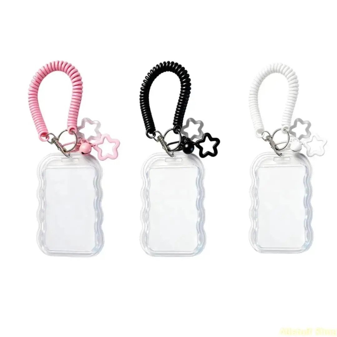 3 Pack Cute Photocard Holder Keychain Kpop Photo Card Holder, Transparent PC Holder with Star Wave Design for Bus Student Card, Creative Photo Protector Keychain