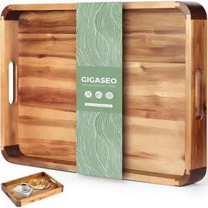 22 x 15.7 Inch Large Wood Serving Tray with Handles, Spacious Decorative Wooden Tray with Dark Walnut-Tone Curved Corner Accents for Coffee Table, Ottoman & Counter