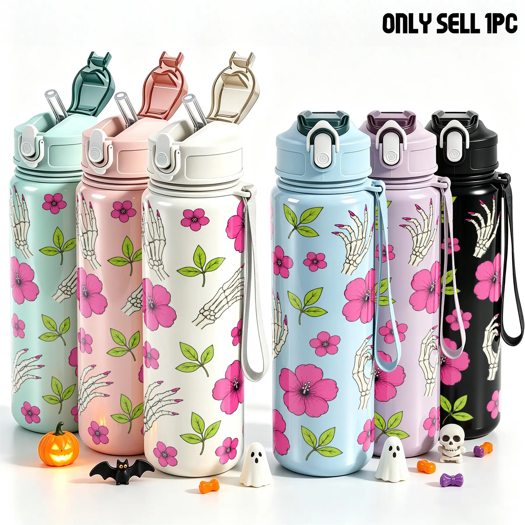 1pc 25oz Cute Halloween Water Bottle With Straw, Reusable Sports Bottle with Skeleton Hand & Pink Hibiscus Print, Portable Travel Hydration Bottle with Straw, Spooky Season Gift for Women Teens Women's clothing, Portable Drinkware Bottle