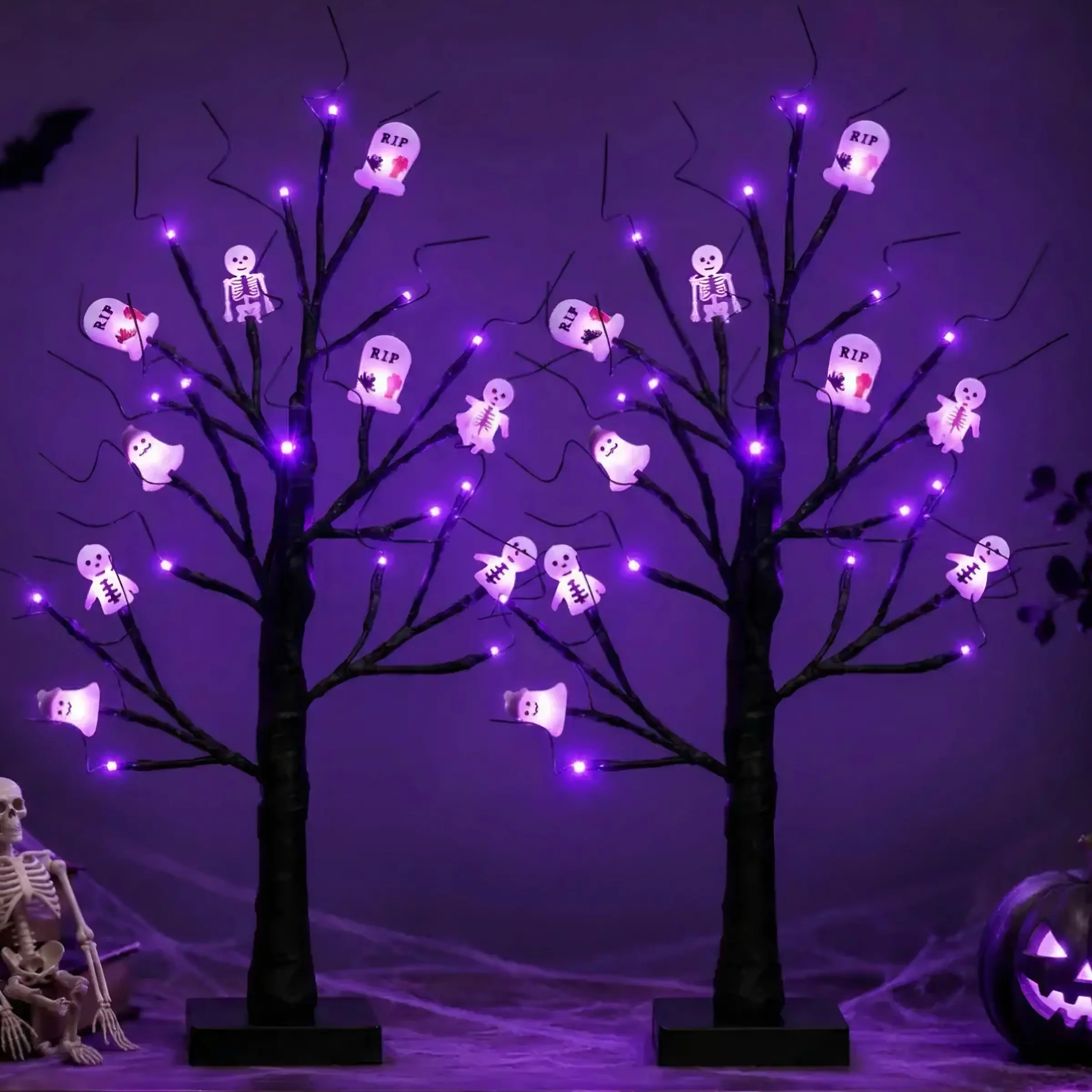 2-Piece Halloween Black Ghost Tree LightsOrange and Purple Dual-Color DecorativeLights USB + Battery Powered Perfect forIndoor/Outdoor Halloween Decorations AdornsHomes, Tables, Mantels, and Halloween PartySettings