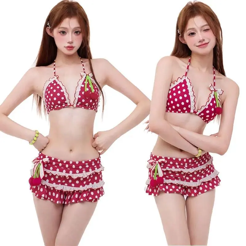 Women's Lolita 2-Piece Water-Resistant Swimming Suit - Cute Dot, Ruffle, Patchwork Design, Lace-Up Halter Bra Top + Short Shorts, m Size, Holiday Beach Summer Swimwear, Laces