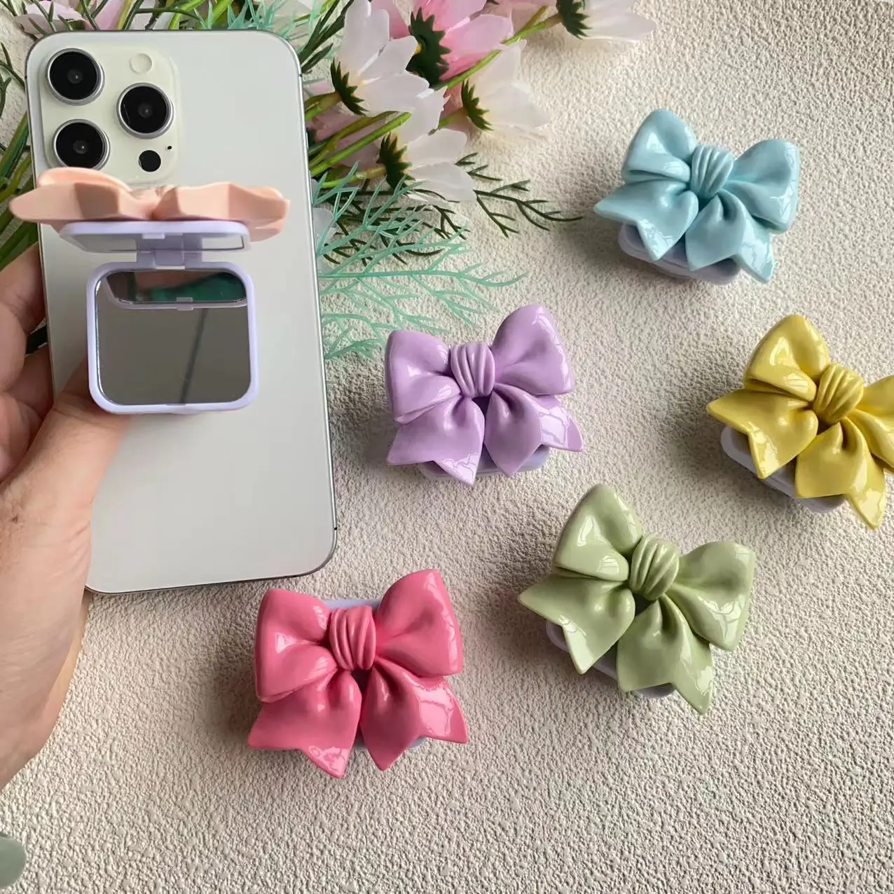 Makeup Mirror Cell Phone Stand, Kawaii Bowknot Expanding Drop-Proof Grip, Portable Touch-Up Compact Mirror for iPhone & Samsung Cases  A phone grip AND a makeup mirror?!🎀✨ The ultimate coquette girl essential!#CoquetteAesthetic#MakeupHacks#TikTokMade