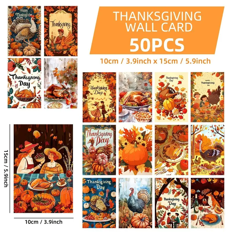 50 Pcs Thanksgiving Autumn Harvest Wall Cards, European and American Retro Style Indoor Decor Cards, Fall Aesthetic DIY Wall Collage Decorative Cards