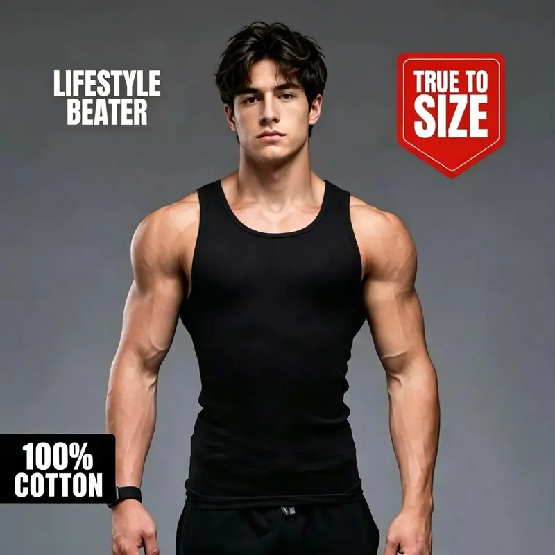 Athletic Mens Cotton Tank Top, Slim Fit Ribbed Muscle Beater For Training Casual Lifestyle