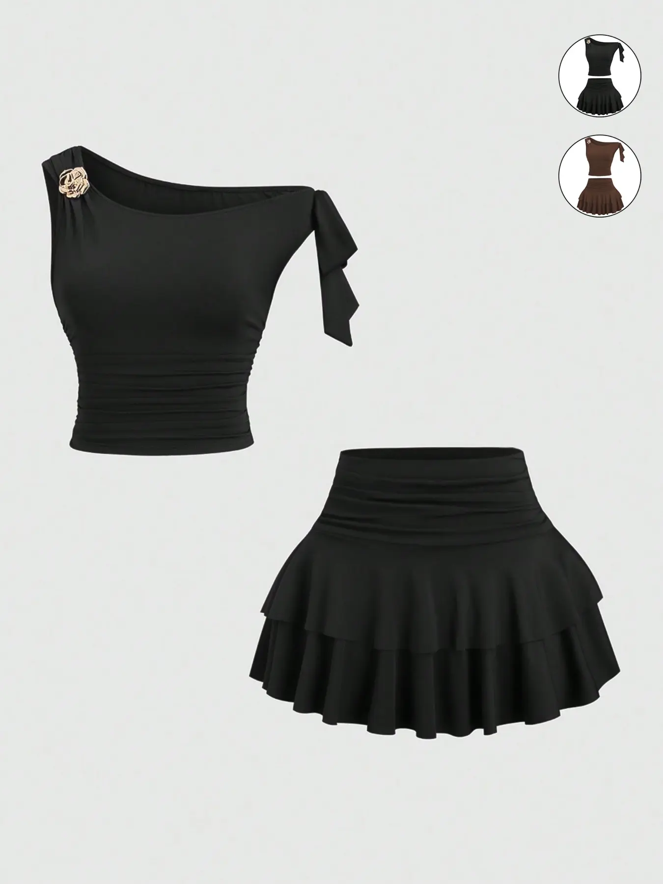 2pcs/Set Women's Summer Metallic Flower Decor Spaghetti Strap Tank Top & Pleated Layered Short Skirt Set，Casual One-Shoulder Bow Pleated Slim Fit Elastic Top with Double Layer Ruffled Skirt Set, Fashionable and Comfortable Shirt Skirt Set