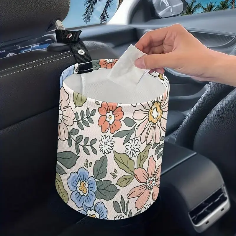 Flower Pattern Car Trash Can, Car Headrest Hanging Dustbin, Car Accessories for Women, Car Interior Garbage Organizer, Car Supplies, Car Trashcan