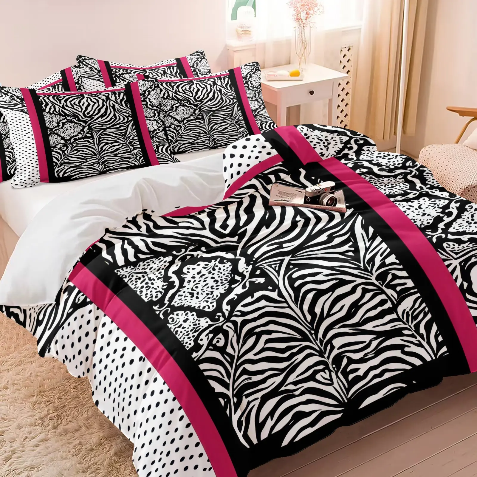 Black Pink Zebra Leopard Polka Dot Spliced Duvet Cover Set & 1-2 Coreless Pillowcases, Trendy Bright Rose Red Border With Modern Wild Animal Prints, Breathable And Cozy. Fashionable Light Luxury Tropical Animal Pattern Decor For Y2K Style Bedrooms