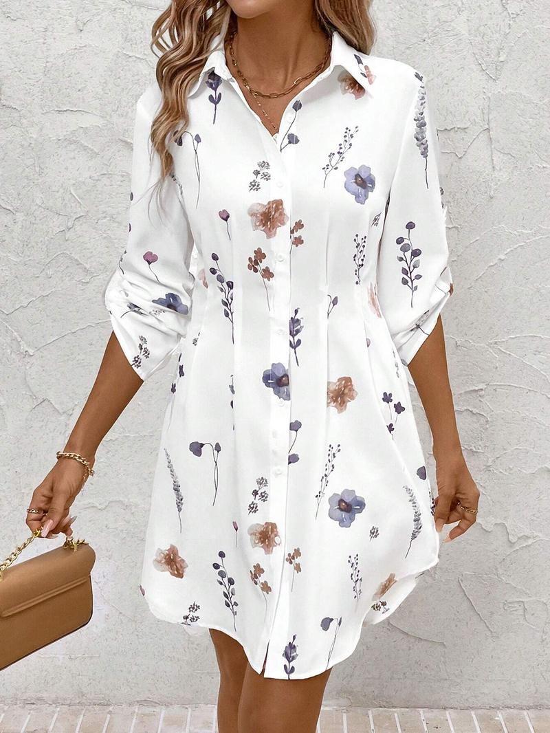 Women's Floral Print Button Front Shirt Dress, Casual Roll Up Sleeve Collared Short Dress for All Seasons, Women's Clothes for Daily Wear