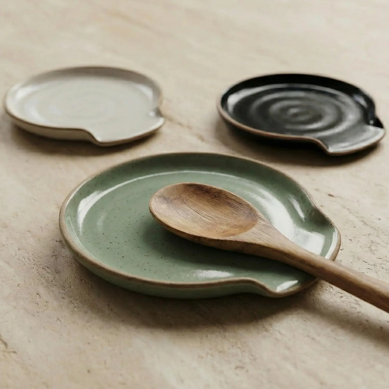 Lightweight Modern Chic Sage Ceramic Spoon Rest (4.7x5.1x0.6 inches) with Raised Edges - Easy to Clean, Dishwasher Safe Kitchenware for Home Chefs - Perfect Size Aesthetic Housewarming Gift for Stove Top, Kitchen Countertop Use, Minimalist, Bakers