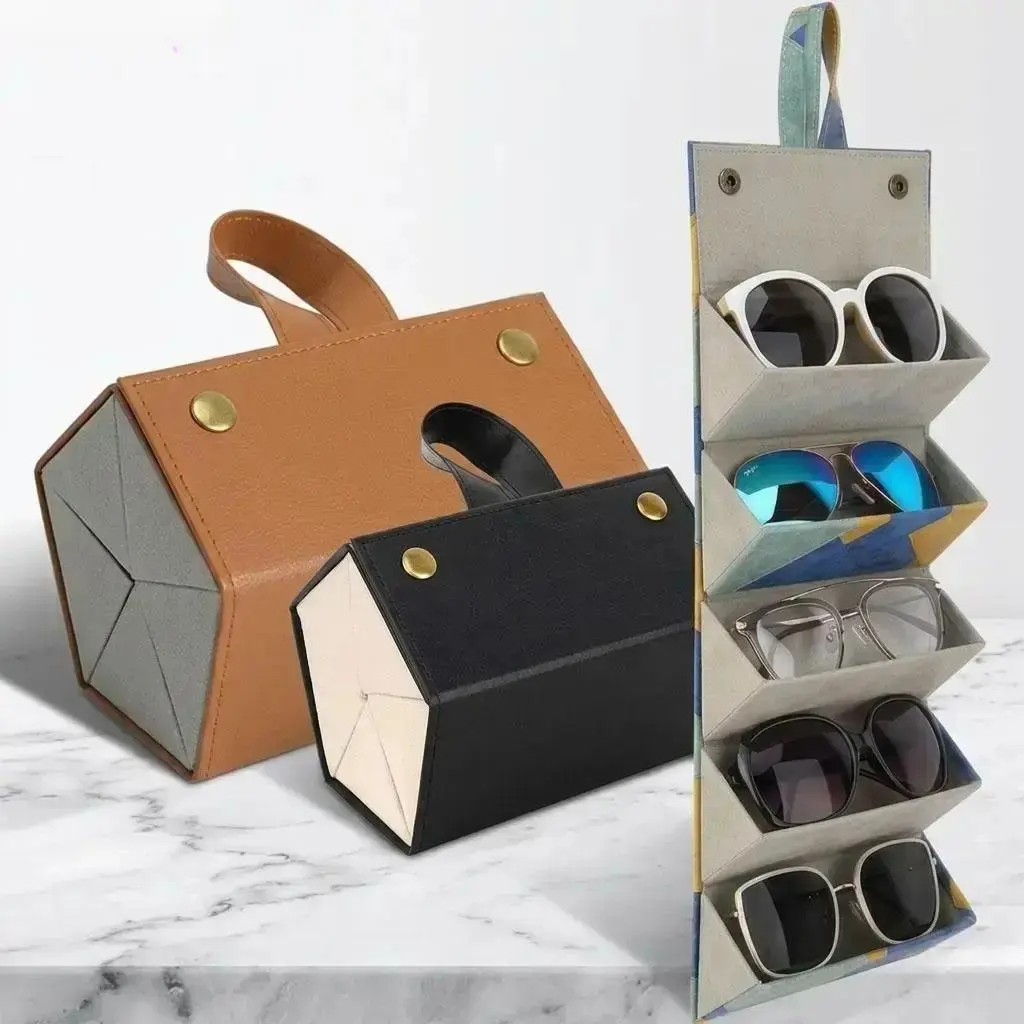 Unisex Leather Sunglasses Organizer Case - 5-Slot Pentagonal, Foldable, Portable, Dustproof, Large-Capacity, Lens Protective Holder for Travel, Spring Glow Up