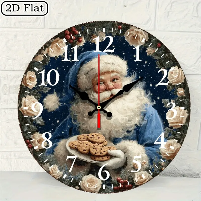 2D flat single-piece vintage Santa Claus gingerbread design in rustic style 10inch acrylic wall clock, silent and noiseless, battery-powered, perfect home decoration, suitable for kitchen, living room, office, farmhouse-style holiday ambiance