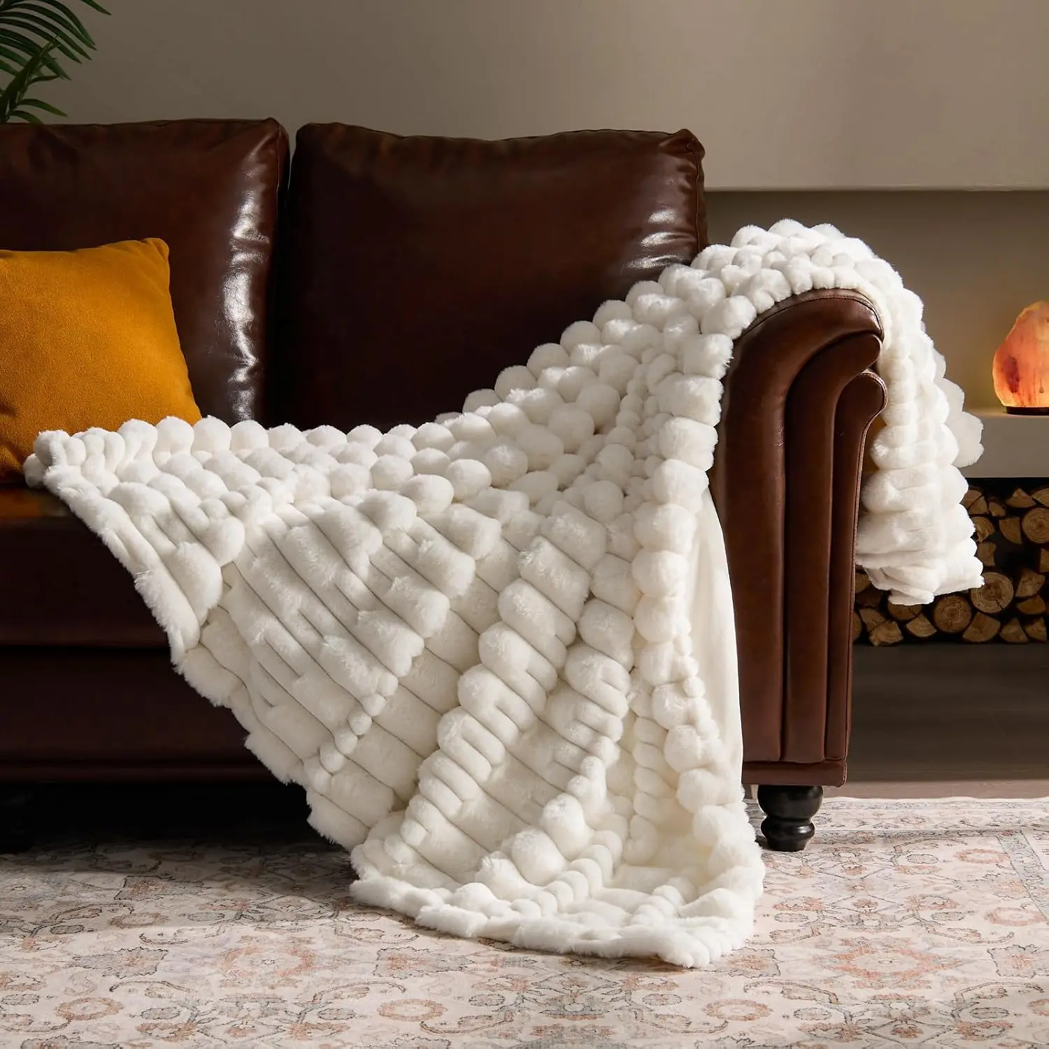 Faux  Cream Throw Blanket for Couch - Super Soft & Cozy Plush Striped Blanket for Sofa and Room Decor, Luxury  - Blankets  for Women, Men, Mom, Dad, 50x60 inch, Cream