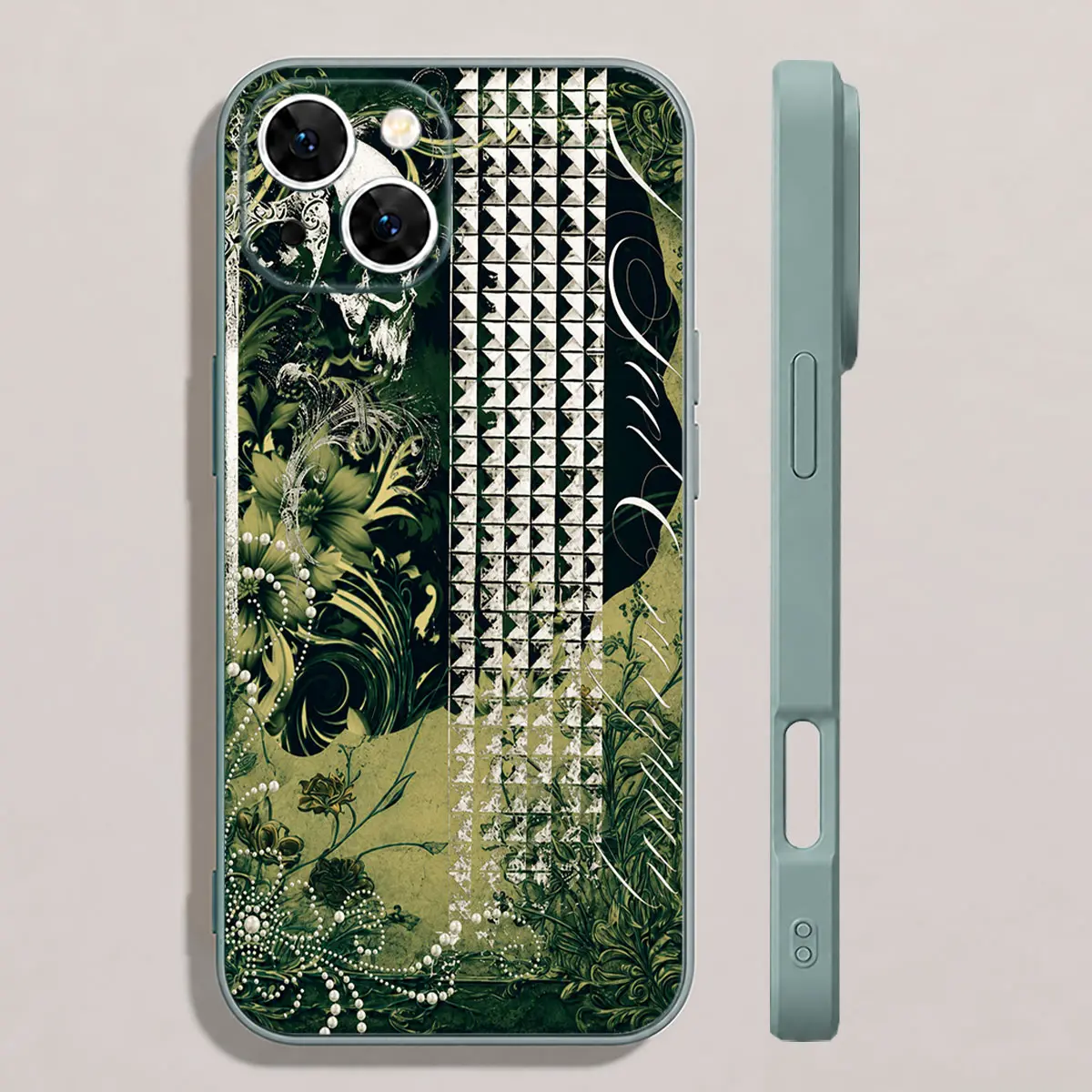 Emerald Gothic Floral Stud Phone Case, Dark Green Baroque Pearl Grunge Bumper Cover for iPhone 17 16 15 14 13 12 11 X Plus Pro Max