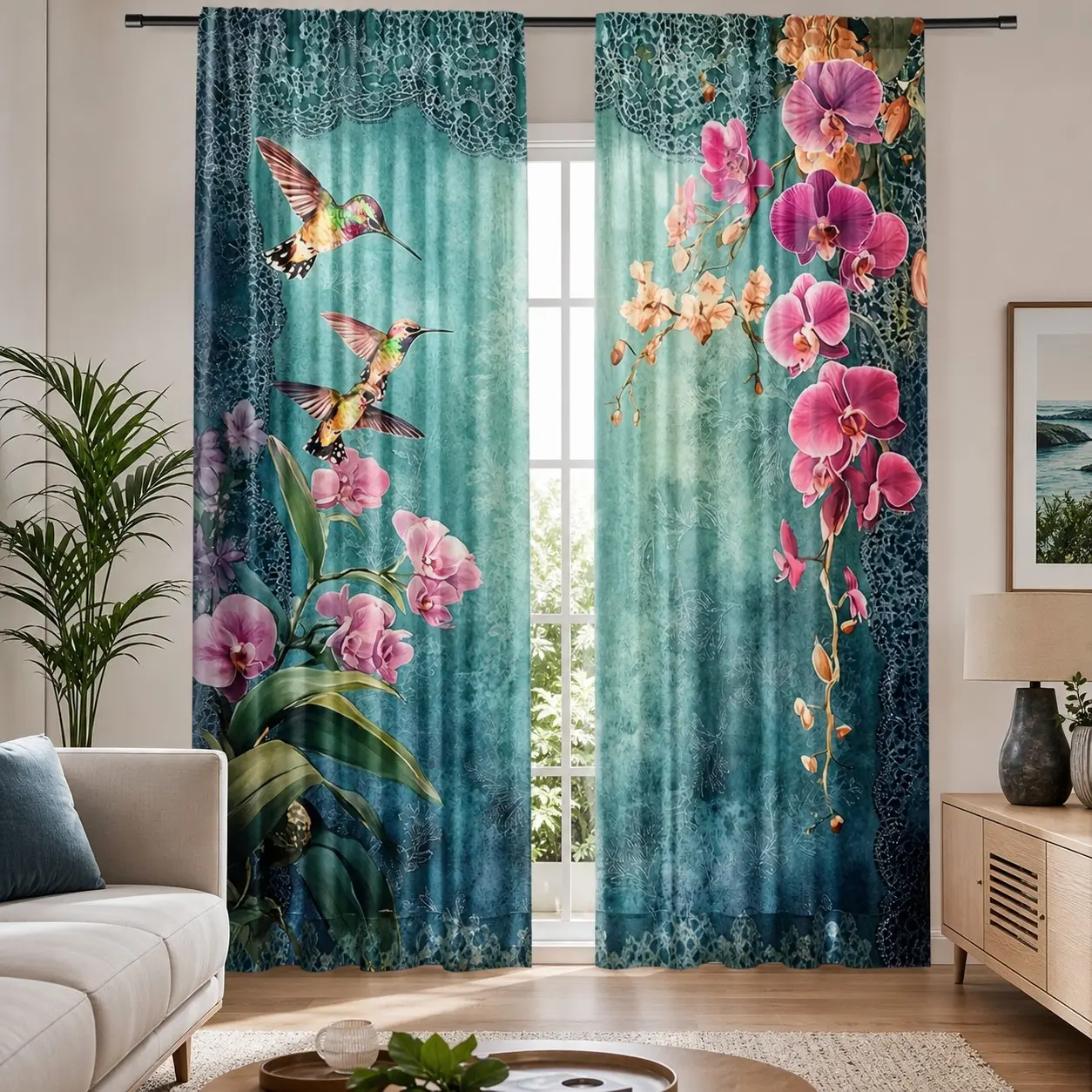 2-Pack Floral Bird Print Semi-Transparent Curtains, Living Room Bedroom Office Kitchen Decor, Home Decoration, 2 Pieces Set