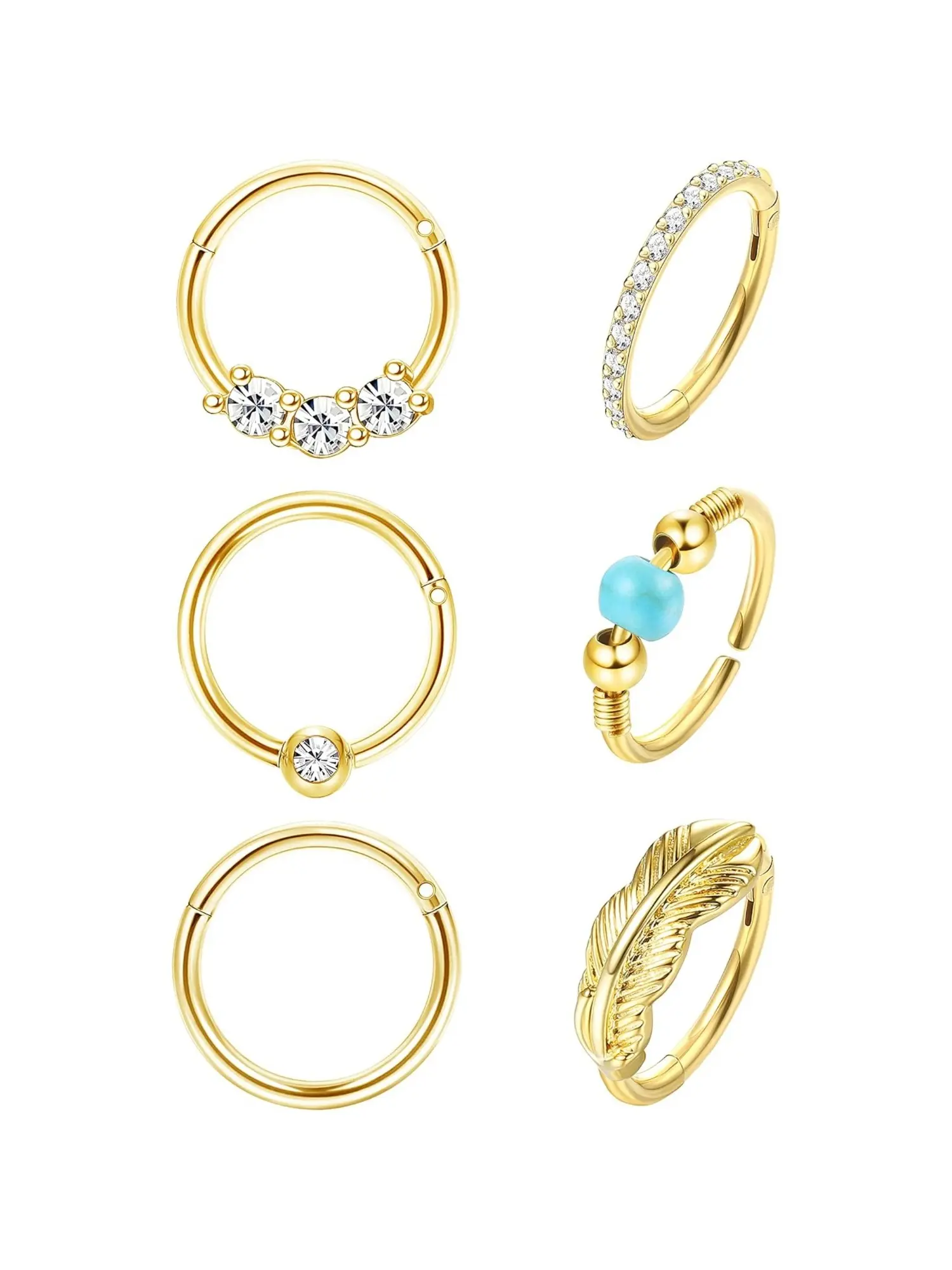 Stylish 6 Pcs Clear CZ Turquoise Opal Accents Clicker Nose Hoop Multipack Polished Stainless Steel Septum Piercings for Women Men Plain Smooth Rings Textured Feather Ornaments Convenient Hinged Snap Lock Construction Jewelry for Piercing Enthusiasts