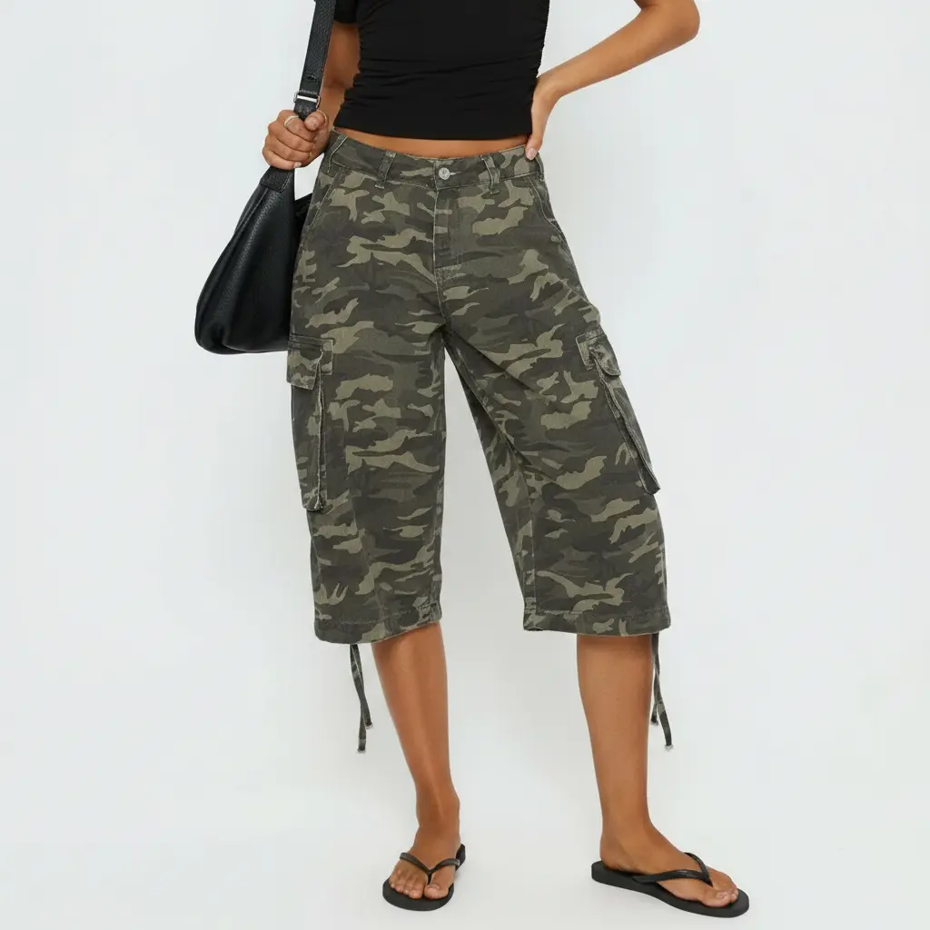 Women's Y2K Baggy Cargo Capri Shorts, Wide Leg Bermuda Cropped Pants with Multi Cargo Pockets & Drawstring Hem, Loose Fit Casual Streetwear Knee‑Length Shorts for Daily Wear
