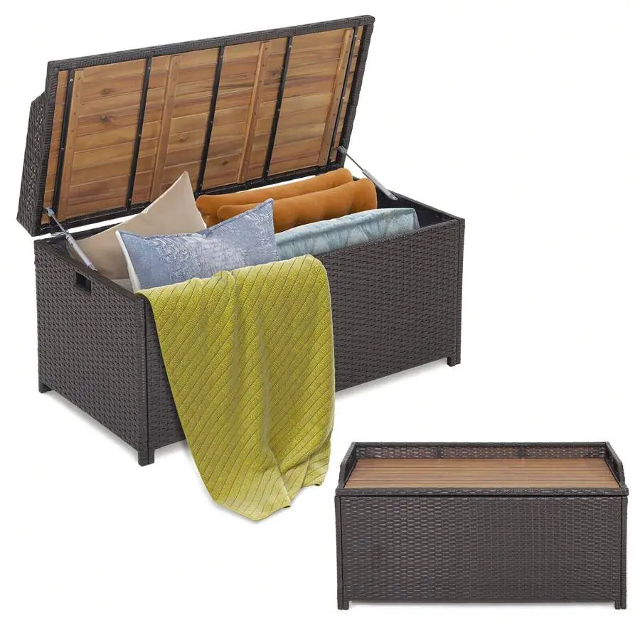 Outdoor Wicker Frame Storage Bench with Acacia Wooden Seat, Rectangular Box, Storage Lid for Patio, Poolside Use