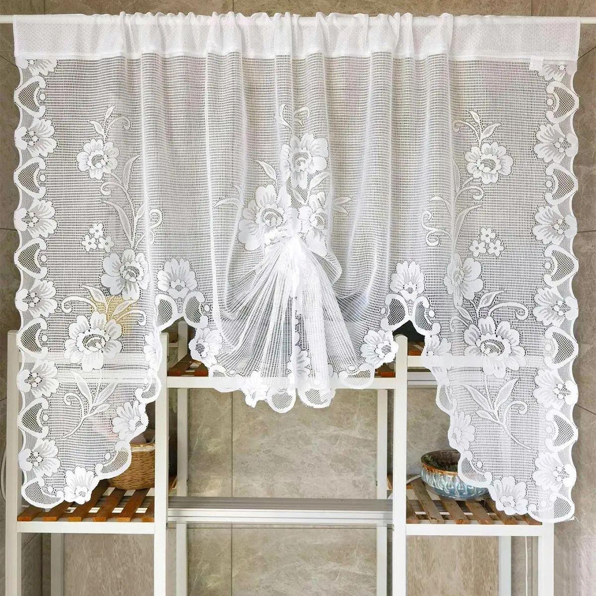 1pc Creamy Healing Pull-Up Lace Curtain, Curtains Floral, Pure Vintage Large Flower Cutout Lace, Adjustable Light Height, Soft Natural Light Diffusion
