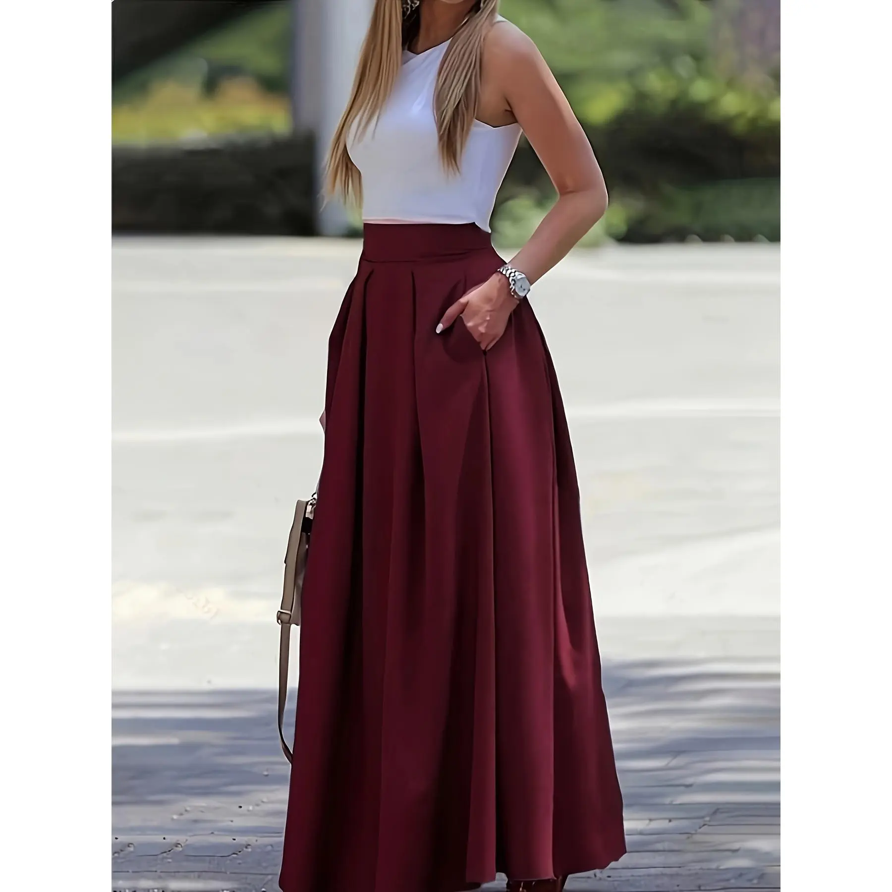 Women'S Solid Color Long Skirt| Casual High-Waist A-Line Skirt with Flowy Design for All Seasons