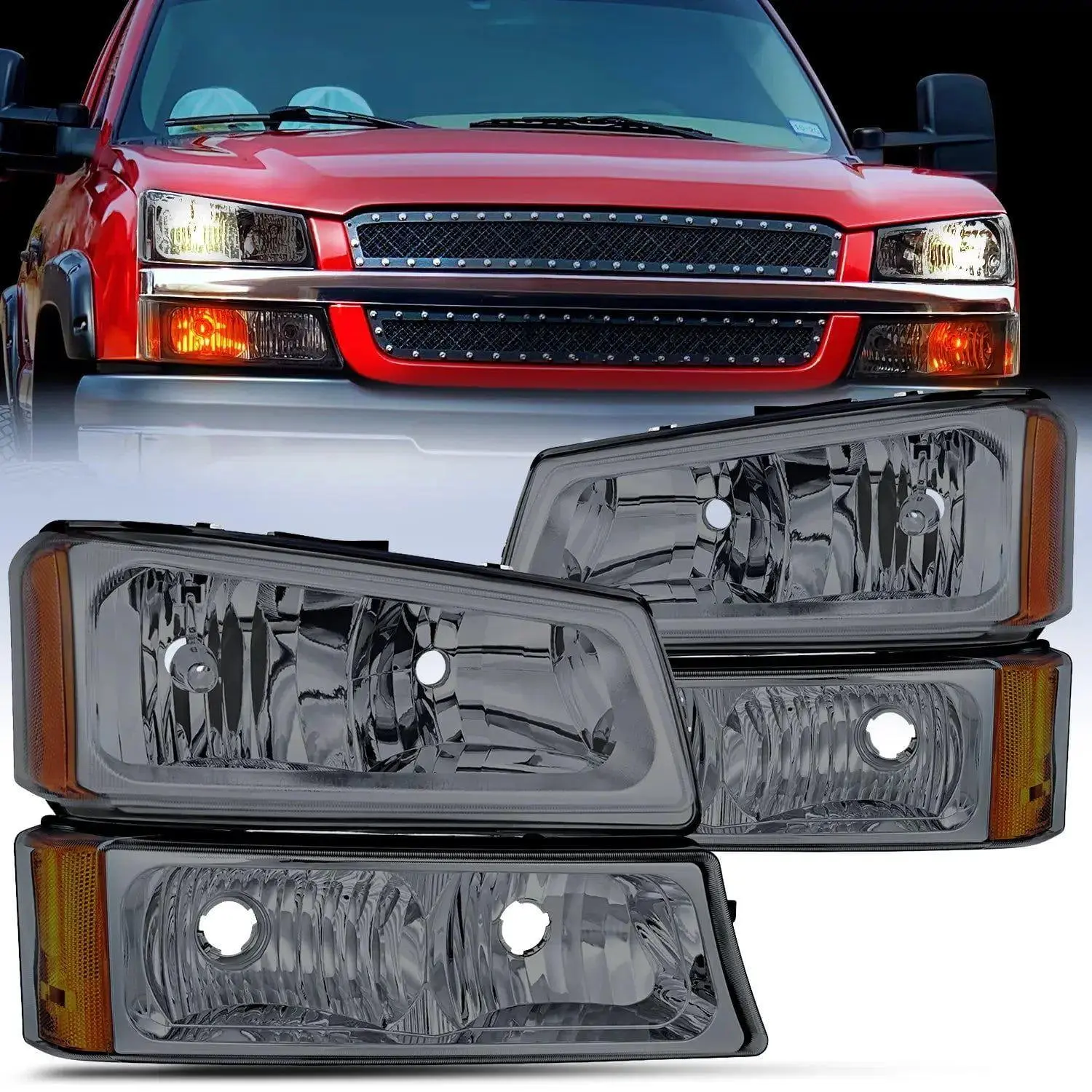Nilight 2003 2004 2005 2006 Chevy Silverado 1500 1500HD 2500 2500HD Headlight Assembly Chrome Case Amber Reflector Smoke Lens