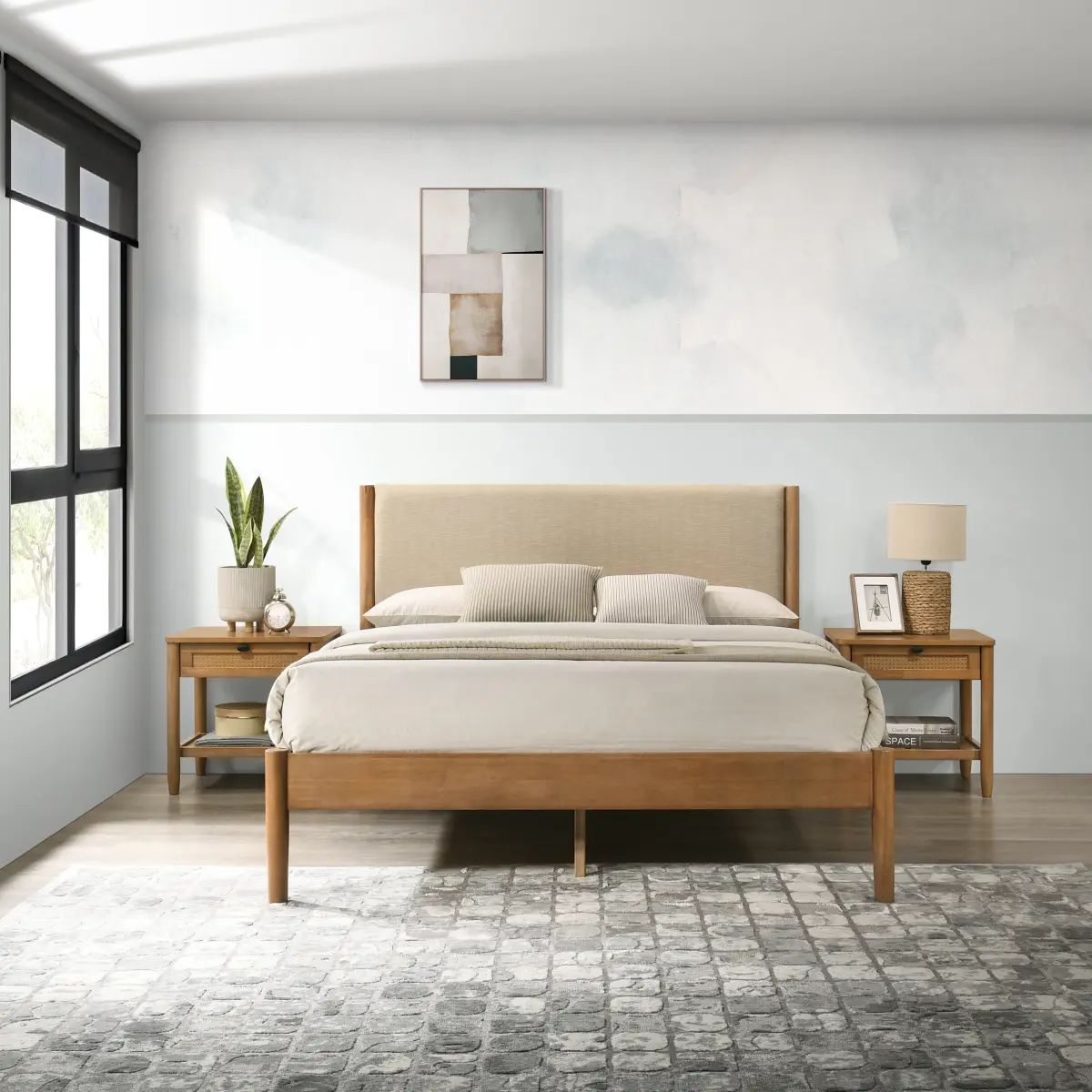 AobtkelVichy 3-Piece Rubberwood Bedroom Set, Platform Bed with Two Nightstands, Queen On-Site