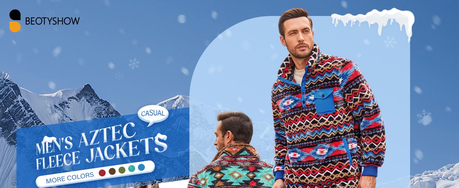 【Christmas Sale】PASLTER Mens Christmas Aztec Fleece Jackets Fuzzy Sherpa Pullover Sweatshirts Winter Coats Western Vintage Sweaters with Pocket