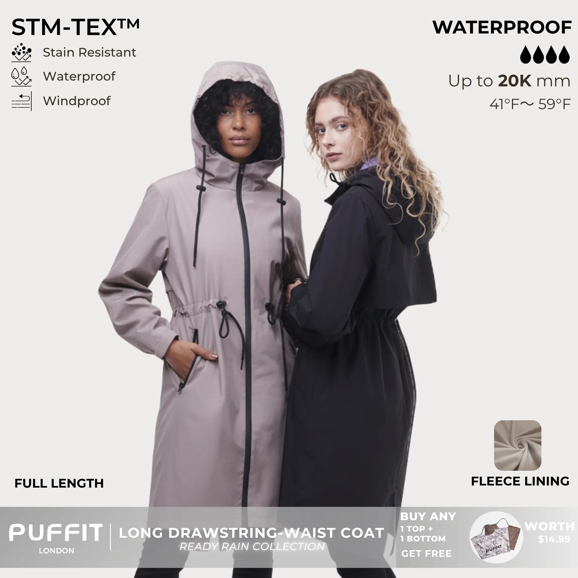 PUFFIT STM-TEX ST200 Long Length Ultra Waterproof Raincoat With Warm Brushed Lining And Drawstring Waist,High-Density Water-Resistant Material & Plush Lining,Shell Jacket,Spring Jacket,Windbreaker,Dog Walking,School Running,Football Mum,Womenswear