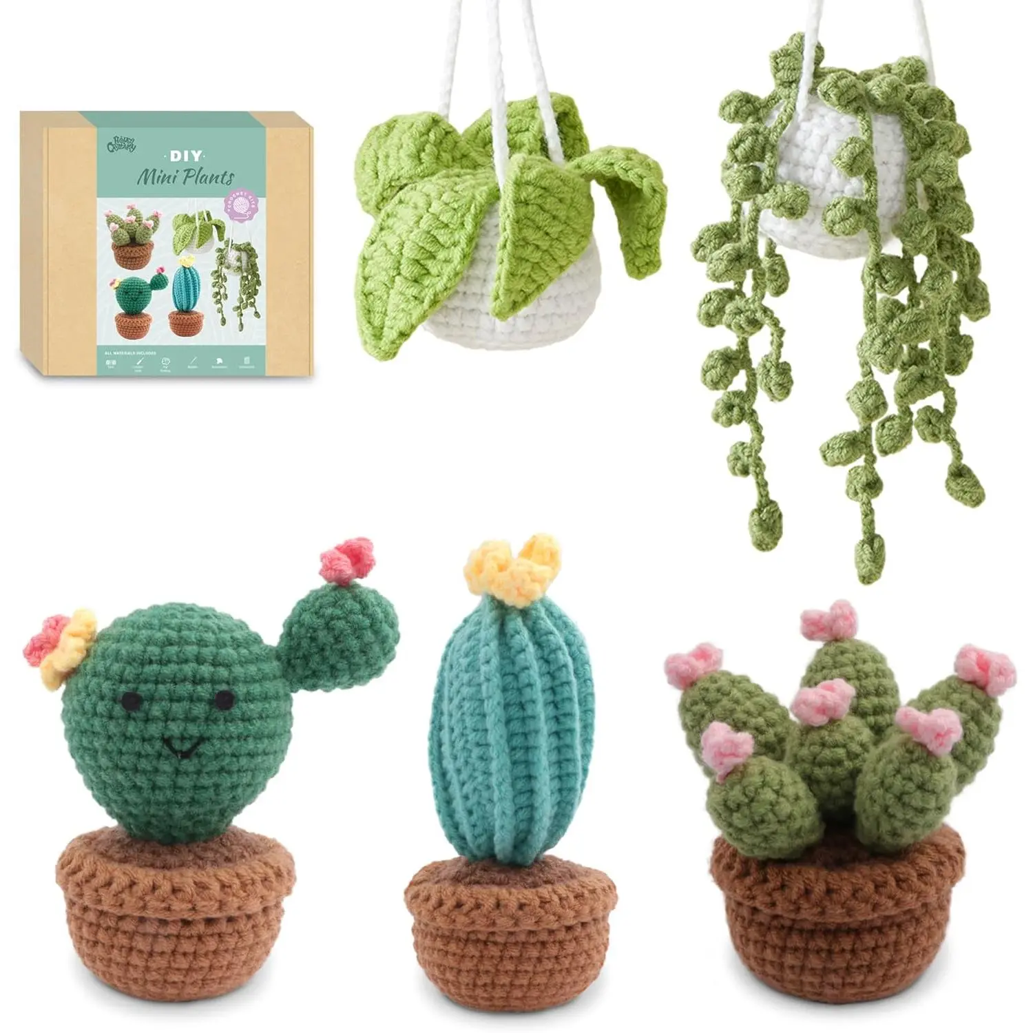 HOUSE CREATIVITY Crochet Kit for Beginners, Make 5 Hanging Potted Crochet Plants, Amigurumi Kit with Video Tutorial, Yarn, Hook & Pots, Cozy Stress Relief Gift for Adults, Cute Desk & Office Decor