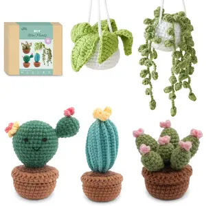 HOUSE CREATIVITY Crochet Kit for Beginners, Make 5 Hanging Potted Crochet Plants, Amigurumi Kit with Video Tutorial, Yarn, Hook & Pots, Cozy Stress Relief Gift for Adults, Cute Desk & Office Decor