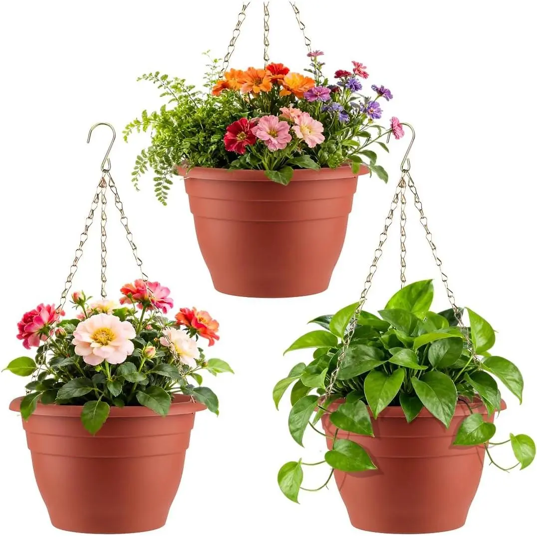 Planters 11 Inch, 3 count Flower Pots with Drainage Hole, Self Watering  Basket for Indoor Outdoor , Decor, Pottery Red