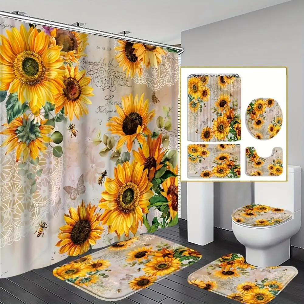 1-4PCS Sunflower Floral Print Shower Curtain Set - All Seasons Bathroom Decor Kit with Window Curtain, 12 Window Hooks, Non-Slip Mat, U-Shaped Pad, Toilet Lid Cover, Home Bathroom Supplies, 12 Hooks